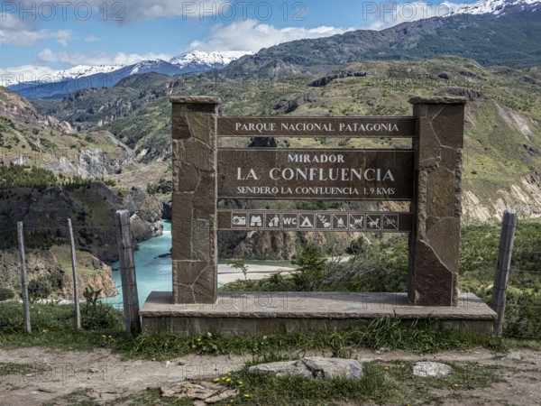 Confluence of river Rio Baker and Rio Chacabuco, information board at viewpoint, Patagonia, Chile,