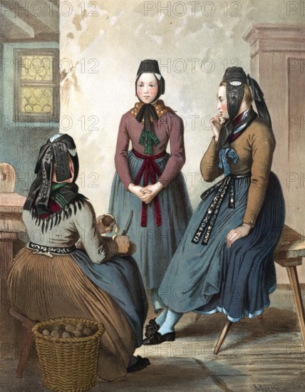 Traditional costumes in Germany around 1820, Rhine Province Prussia, Wetzlar, Three woman in