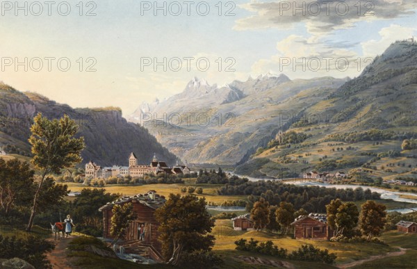 View of Ilanz, the first town on the banks of the Rhine, Graubünden, Switzerland, view from around