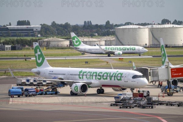 Amsterdam Schiphol Airport, Transavia aircraft taking off on the Aalsmeerbaan runway, aircraft at