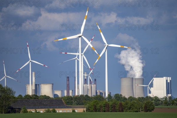 Neurath lignite-fired power station, RWE Power AG, wind farm partly owned by RWE, Grevenbroich,