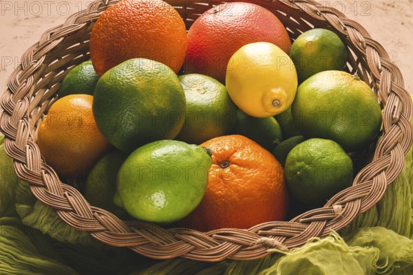 Assortment, citrus fruits, in a basket, close-up, top view, no people