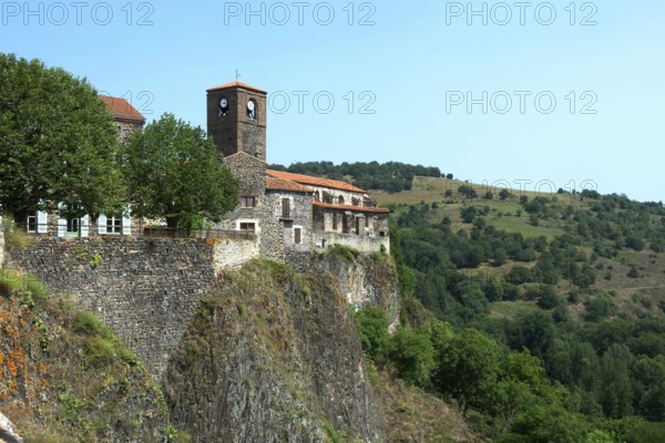 Chilhac village overlooking on a sunny day the Haut-Allier valley in Haute-Loire,