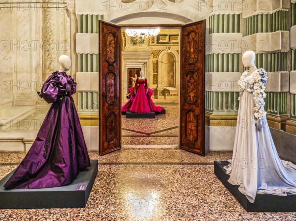 Exhibition of magnificent evening dress creations by fashion designer Roberto Capucci, 17th century