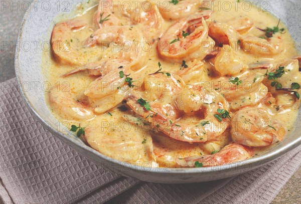 Shrimp in creamy garlic sauce, with spices and herbs