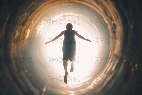 A young man floats through a tunnel into the light, symbolic image for near-death experience,