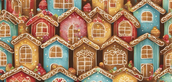 Abstract wallpaper illustration of of gingerbread house decoration, AI generated