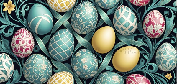 A whimsical abstract pattern with intertwined ribbons, eggs, and floral motifs, with a mix of sharp