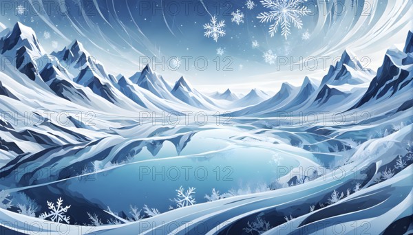 Abstract illustration of dreamy, icy landscape with swirling blues, whites, and silvers, evoking