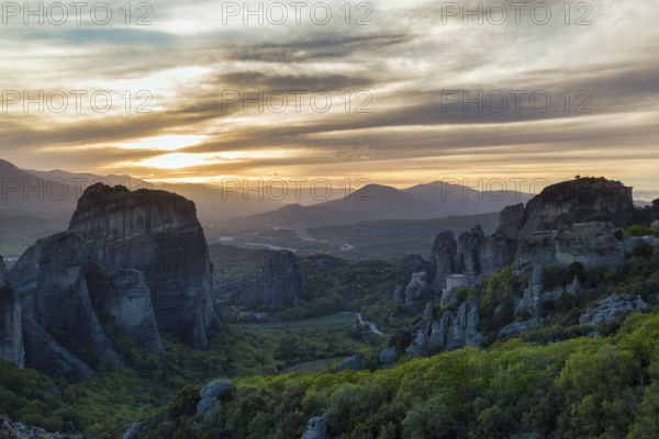 Sandstone formations at sunset, backlight, Meteora, Thessaly, Greece, Europe