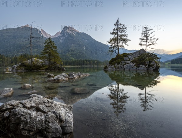 Hochkalter reflected in Hintersee, at sunset, Berchtesgaden National Park, Ramsau, Upper Bavaria,