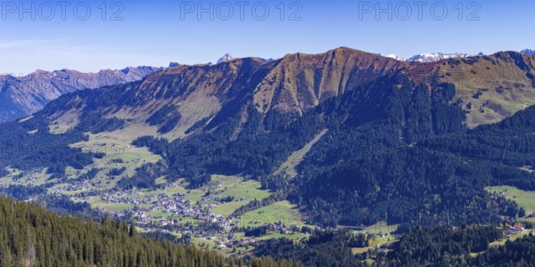 Panorama from Hoher Ifen, 2230m, into Kleinwalsertal, Allgäu, Vorarlberg, Austria, Europe