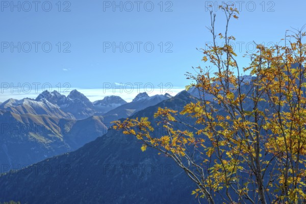 Autumn in the Allgäu, mountain panorama from Fellhorn 2037m, to Öfnerspitze, 2576m, Großer