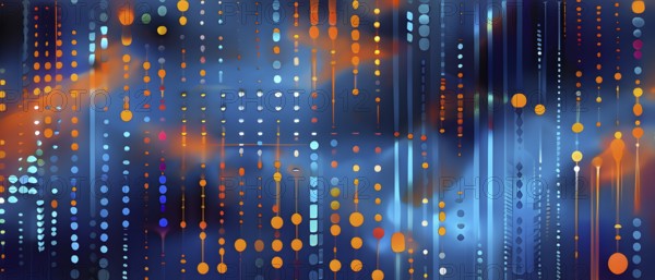Symbol for artificial intelligence, lines, dots and pattern, vibrant blue and orange hues, abstract