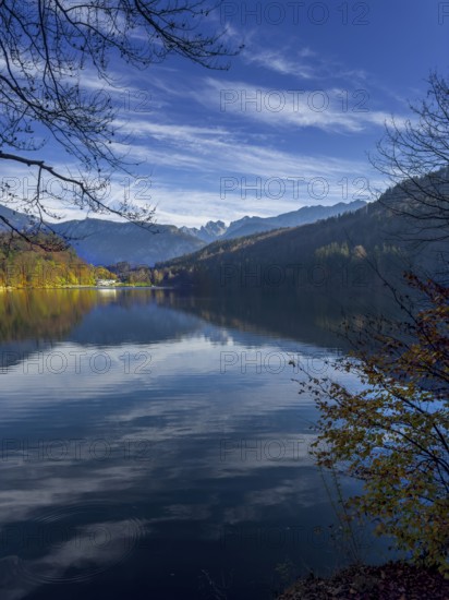 Autumn atmosphere at Hechtsee lake near Kufstein, behind Wilder Kaiser, Tyrol, Austria, Europe