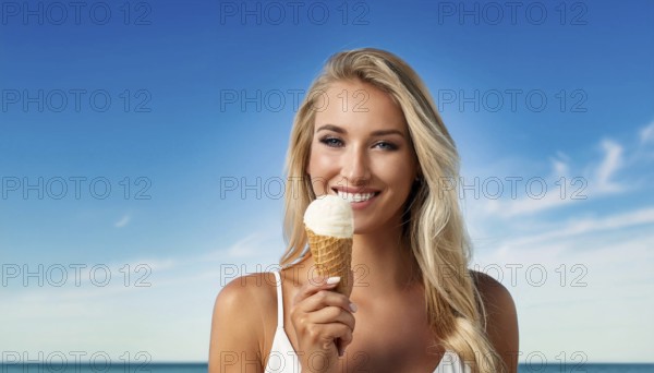 A blonde woman enjoys eating an ice cream in a cone