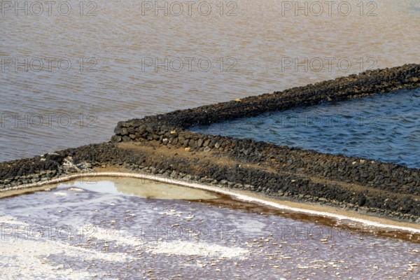 Sea salt extraction, Janubio salt works, Salinas de Janubio, Lanzarote, Canary Islands, Spain,