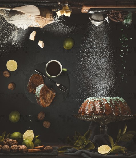 Still life with a cake with chocolate icing surrounded by limes, nuts, cup with coffee, baking