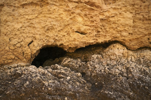 Shell limestone, fossilised shells on the beach, Praia da Dona Ana, Lagos, cliffs, Atlantic Ocean,