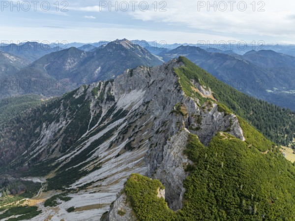 Aerial view, summit and degree, Bavarian and Austrian Schinder, Tegernsee mountains in the Mangfall