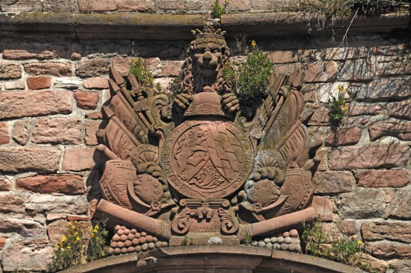 Coat of arms with lion's head and weapons, 1683, with the slogan: Honi soit qui mal y pense in the