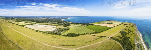 Panorama of Ballard Cliff over Studland from a drone, Jurassic Coast, Dorset Coast, Poole, England,