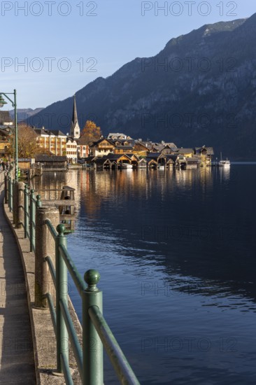 View of Hallstatt and Lake Hallstatt. In the morning in autumn. Good weather, blue sky. Hallstatt,