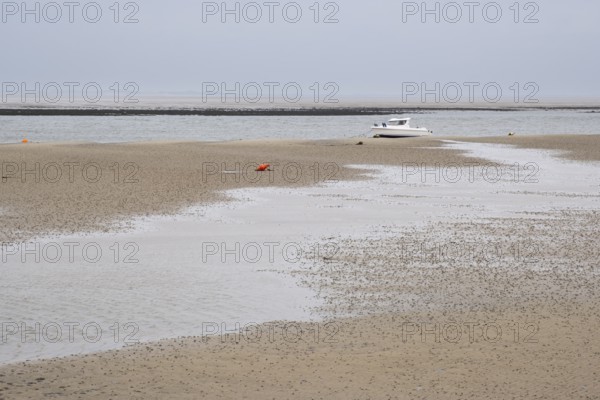 Wadden Sea at low tide with numerous piles of lugworms, two buoys, boat on dry mudflats, Utersum,