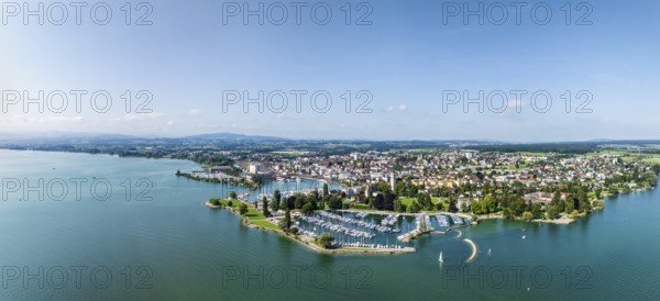 Harbour area, ferry port, yacht harbour, marina of Romanshorn with lake park, aerial view,