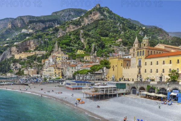 Waterfront of the village with beach, Amalfi, Amalfi Coast, Amalfitana, Campania, Italy, Europe