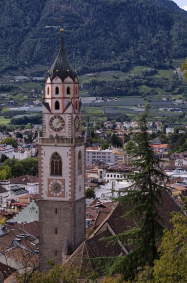 View from the Tappeinerweg trail to Merano with parish church, parish church of St. Nicholas,
