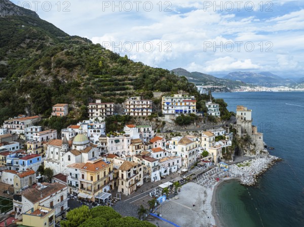 Cetara from a drone, Amalfi Coast, Salerno, Campania, Italy, Europe