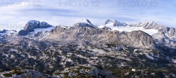 Panorama of the Dachstein mountains in autumn with some snow. From the left: Koppenkarstein,