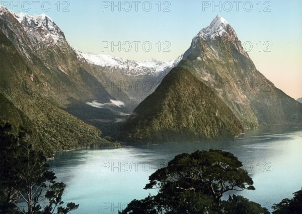 The Mitre Peak, Milford Sound, New Zealand, 1890, Historic, digitally restored reproduction from a