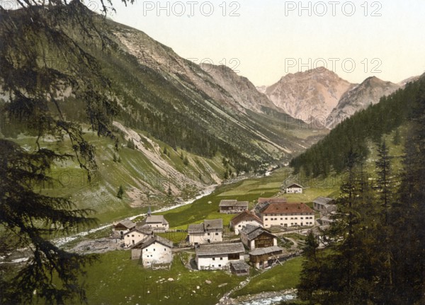 Upper Engadine, Scarl, Graubuenden, Switzerland, Historical, digitally restored reproduction from a