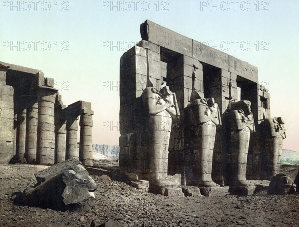 Thebes, Ramesseum. Statues of Orisis and the Pillars of the Temple, Egypt, Historical, digitally