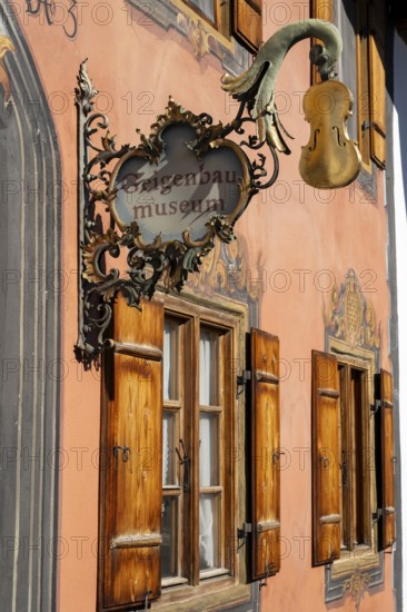 Violin-making museum, facade with Lüftlmalerei, Mittenwald, Werdenfelser Land, Upper Bavaria,