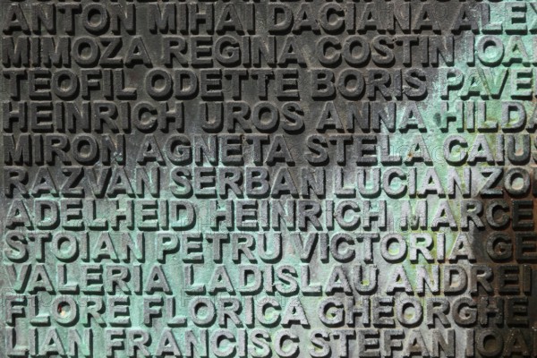 Banat, Timisoara, Timisoara, old town centre, names on a fountain, metal plate with names, Romania,