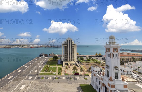 Mexico, Panoramic view of Veracruz Malecon and city port, Central America