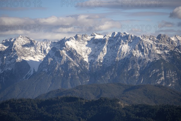 Mountain peak of the Karwendel mountains with snow in autumn, mountain panorama, view from