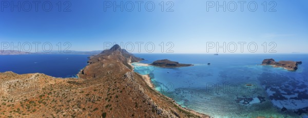 Drone shot, Gramvousa peninsula with view to the beach and bay of Balos, Kolimbari, West Crete,