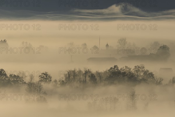 Foggy mood, fog, morning light, backlight, church tower, autumn, Loisach-Lake Kochel moor, view of