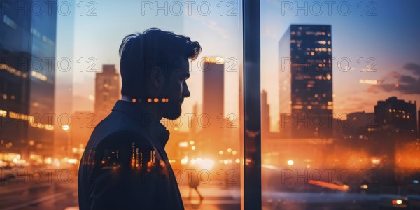AI generated profile of a businessman with a double exposure of city lights, representing business