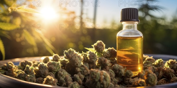 Glass jar filled with dried cannabis buds and oil on a weathered wooden counter, AI generated
