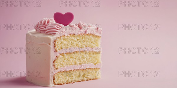Slice of layered cake with heart on pastel pink background with copy space. Generative Ai, AI