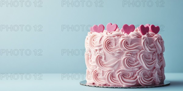 Whole pink cream cake with hearts on pastel blue background with copy space. Generative Ai, AI