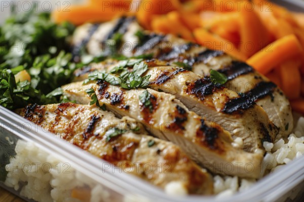 Close up of meal prep with healthy grilled chicken breast, carrots and rice. Generative Ai, AI