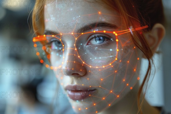 Face of a woman superimposed with futuristic facial recognition technology, symbolises highly