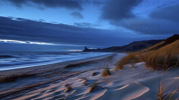 Sunset mood on a whispering tranquil costal landscape with sandy beach, AI generated