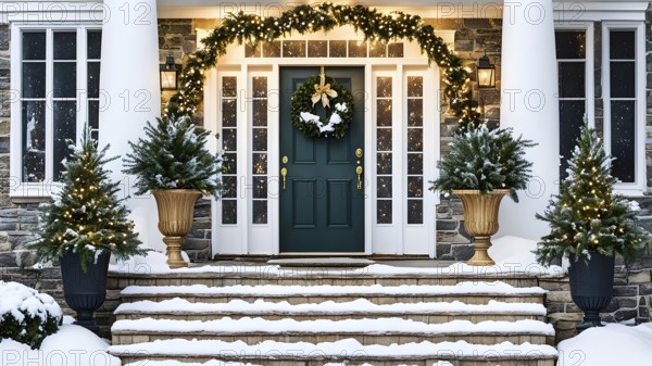Festive front porch with holiday garlands wrapped around the columns, a wreath hanging on the door,
